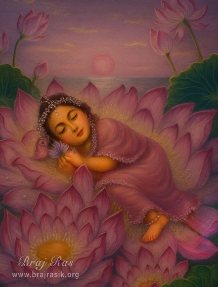 Painting of Baby Radha Rani lying on a lotus.