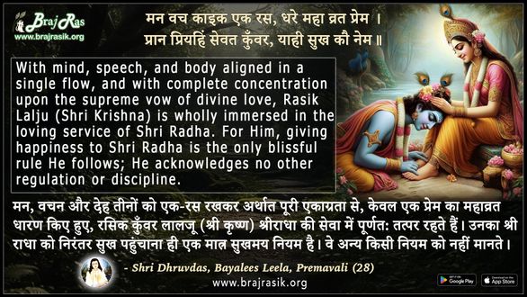मन वच काइक एक रस धरे महा व्रत प्रेम - श्री हित ध्रुवदास, बयालीस लीला, प्रेमावली (28)