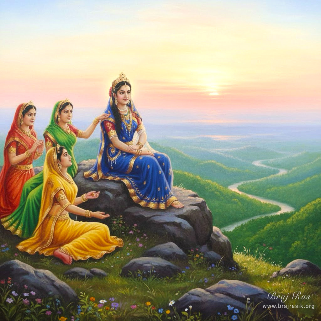 श्री राधा अपनी सखियों के साथ बरसाना में ब्रह्मचल पर्वत पर शोभायमान रूप से विराजमान हैं।