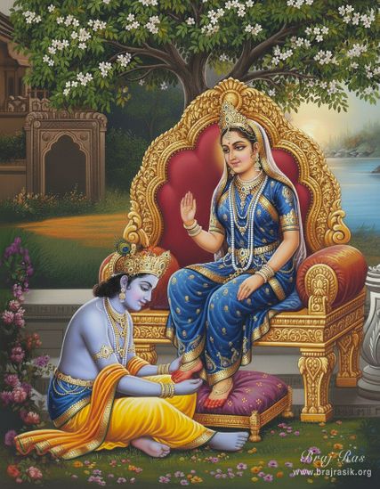 Sri Krishna sits on the ground under a tree at the banks of the Yamuna in Vrindavan,  serving the lotus feet of Sri Radha, who is sitting on a throne.
