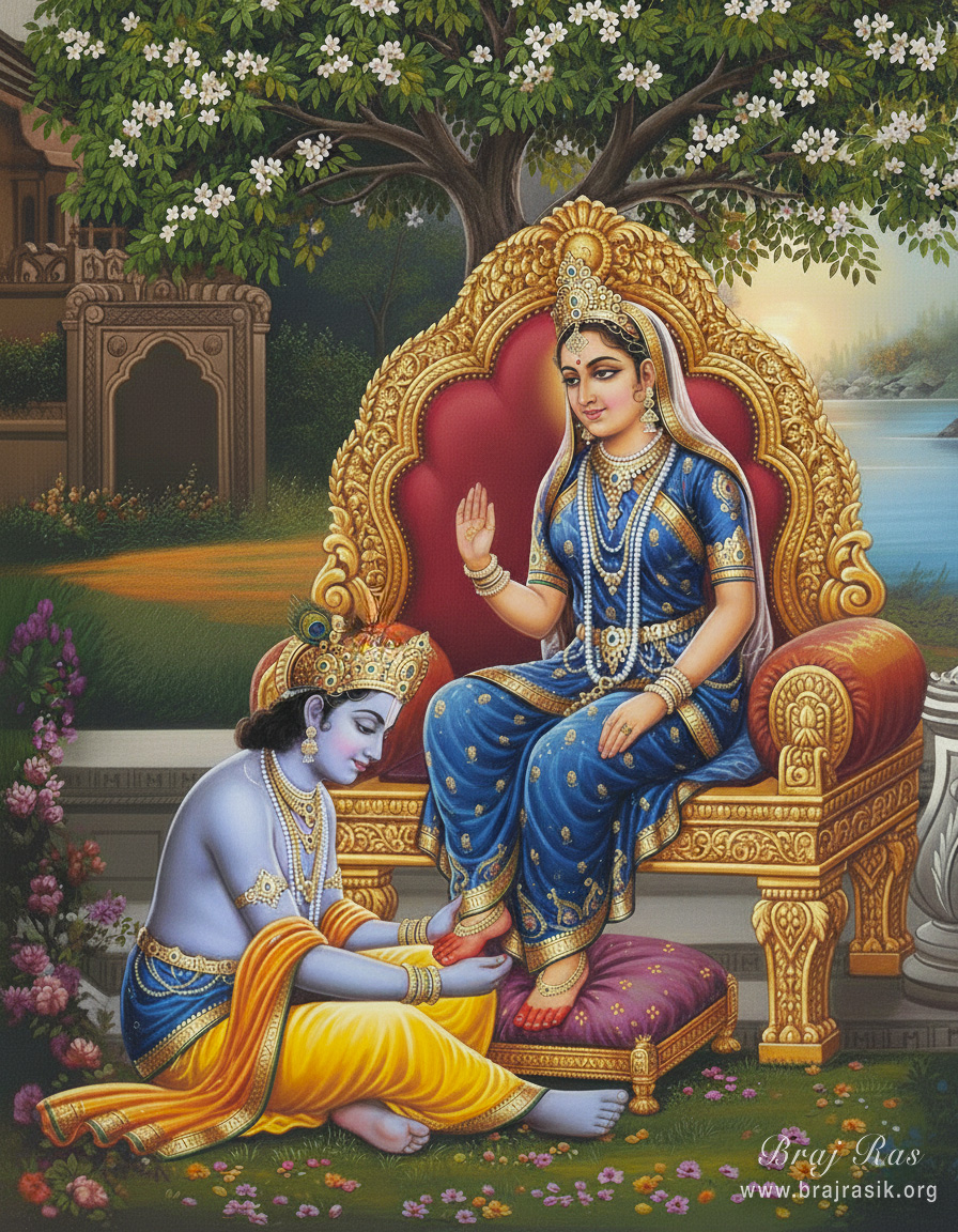 श्री कृष्ण वृंदावन में यमुना के तट पर एक वृक्ष के नीचे भूतल पर बैठे हैं तथा सिंहासन पर विराजमान श्री राधा के चरण कमलों की सेवा कर रहे हैं।