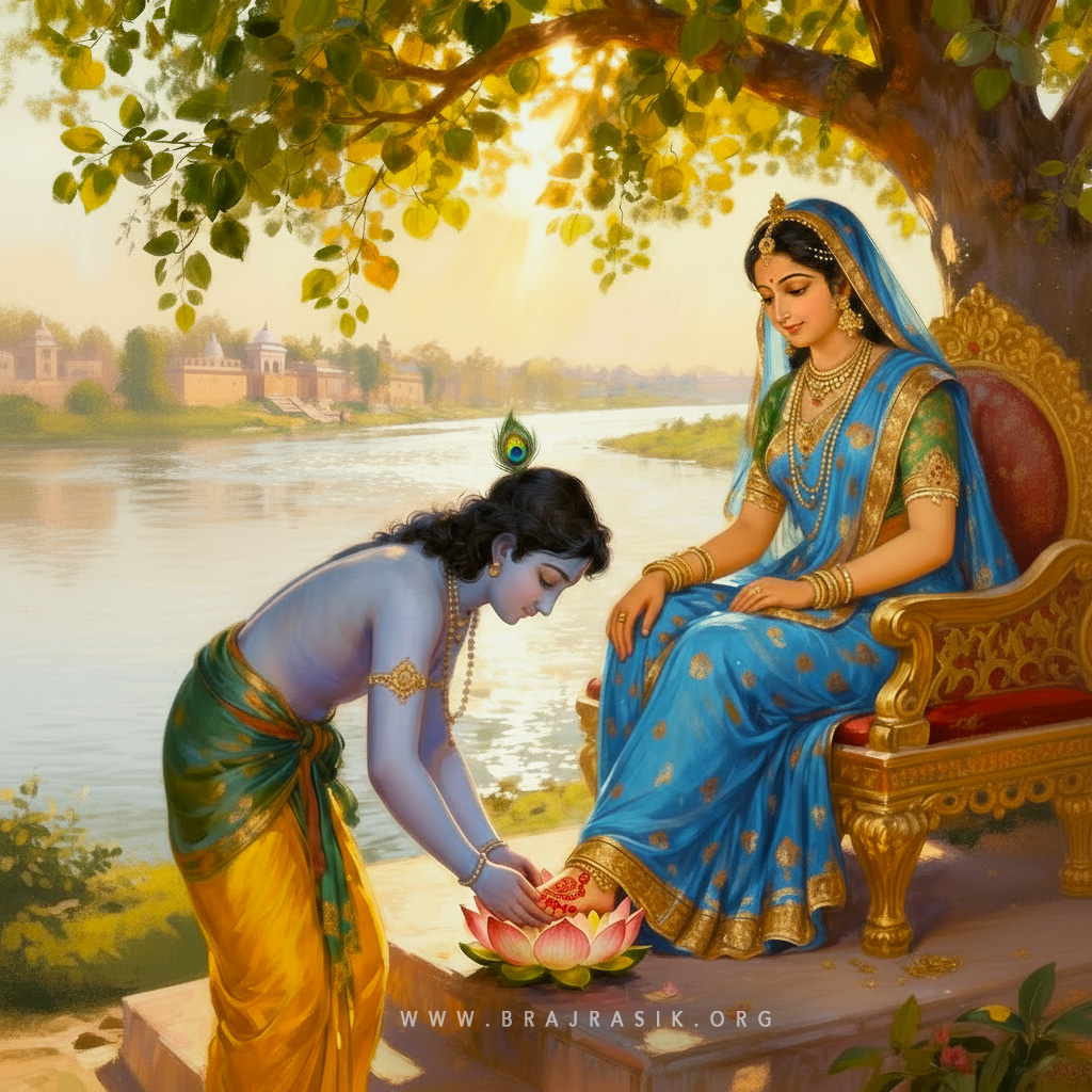 श्री कृष्ण वृंदावन में यमुना नदी के किनारे एक वृक्ष की छाया में श्री राधा के चरण कमलों की प्रेमपूर्वक सेवा करते हुए ।