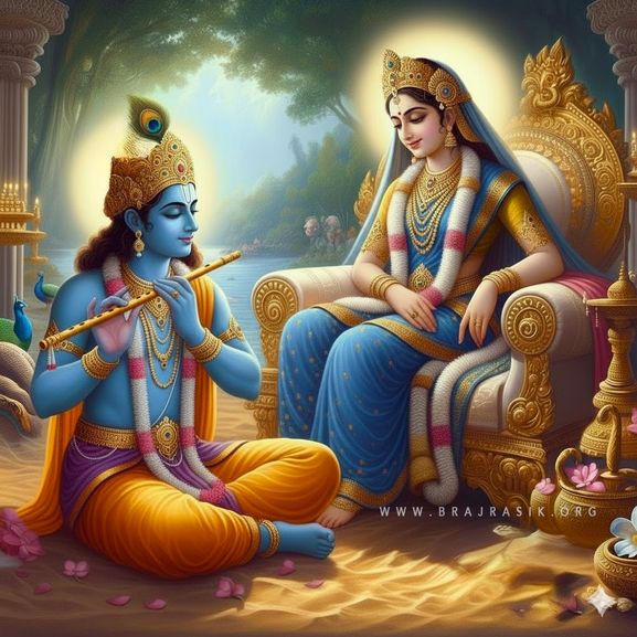 Sri Krishna sits at the lotus feet of Sri Radha, playing His flute to please Her, at bank of Yamuna, Vrindavan.
