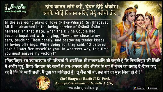 दोऊ कानन लगि कहैं चुंबन देहिं अँकोर - श्री भागवत रसिक जी की वाणी, अनन्यरसिकभरण ग्रंथ 1 (16)