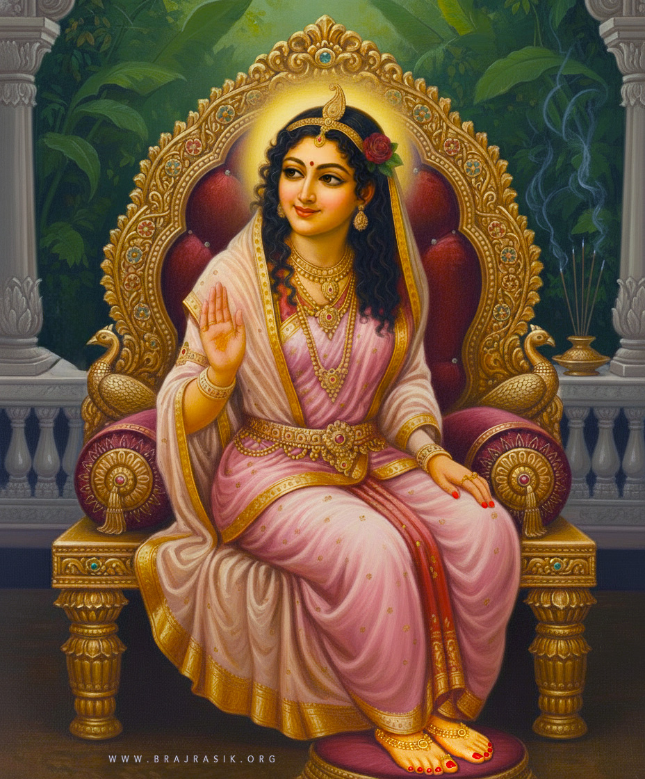 श्री राधिका महारानी अपने सिंहासन पर विराजमान होकर कृपा बरसा रही हैं।