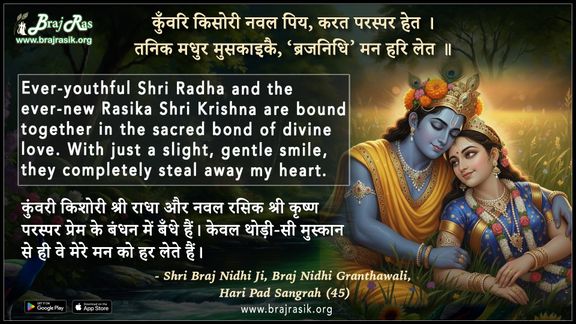 कुँवरि किसोरी नवल पिय करत परस्पर हेत - श्री ब्रज निधि जी, ब्रज निधि ग्रंथावली, हरि पद संग्रह (45)