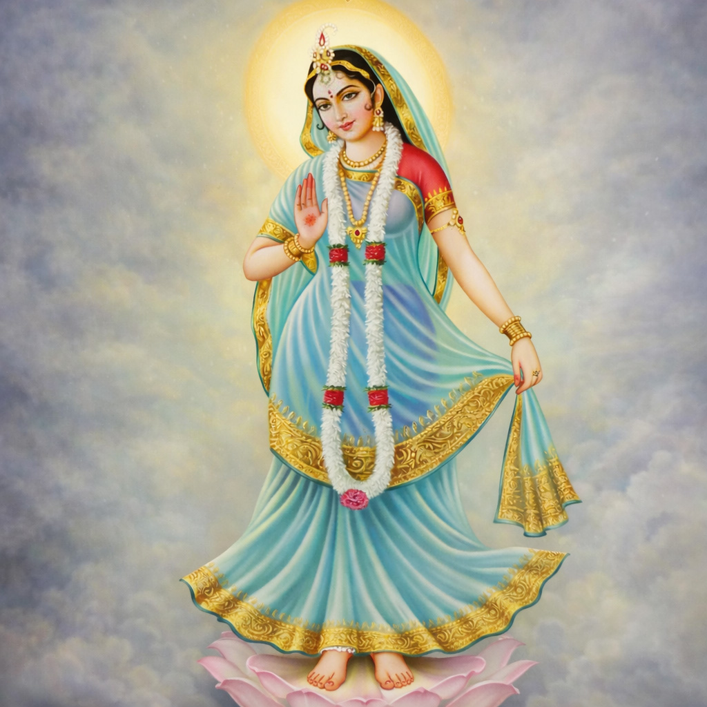 श्री राधा, कमल पर विराजित, कृपा बरसा रही हैं।