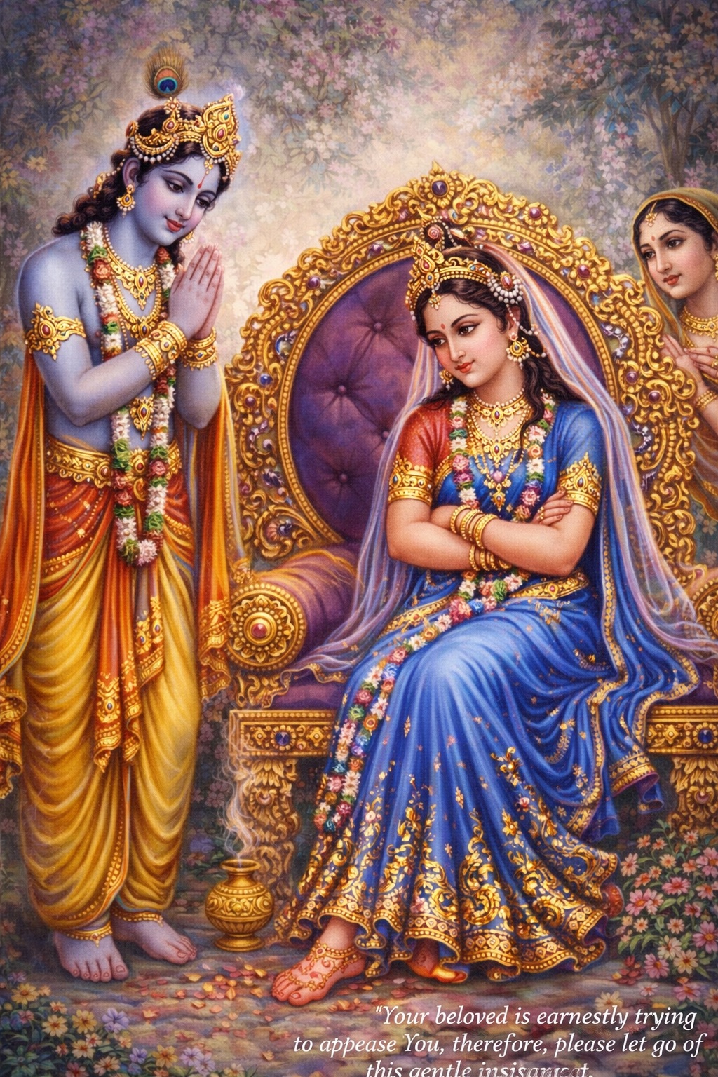 Shri Radha is in a sulk, her eyebrows raised, and Lord Krishna stands humbly before her, with folded hands, trying to appease her.