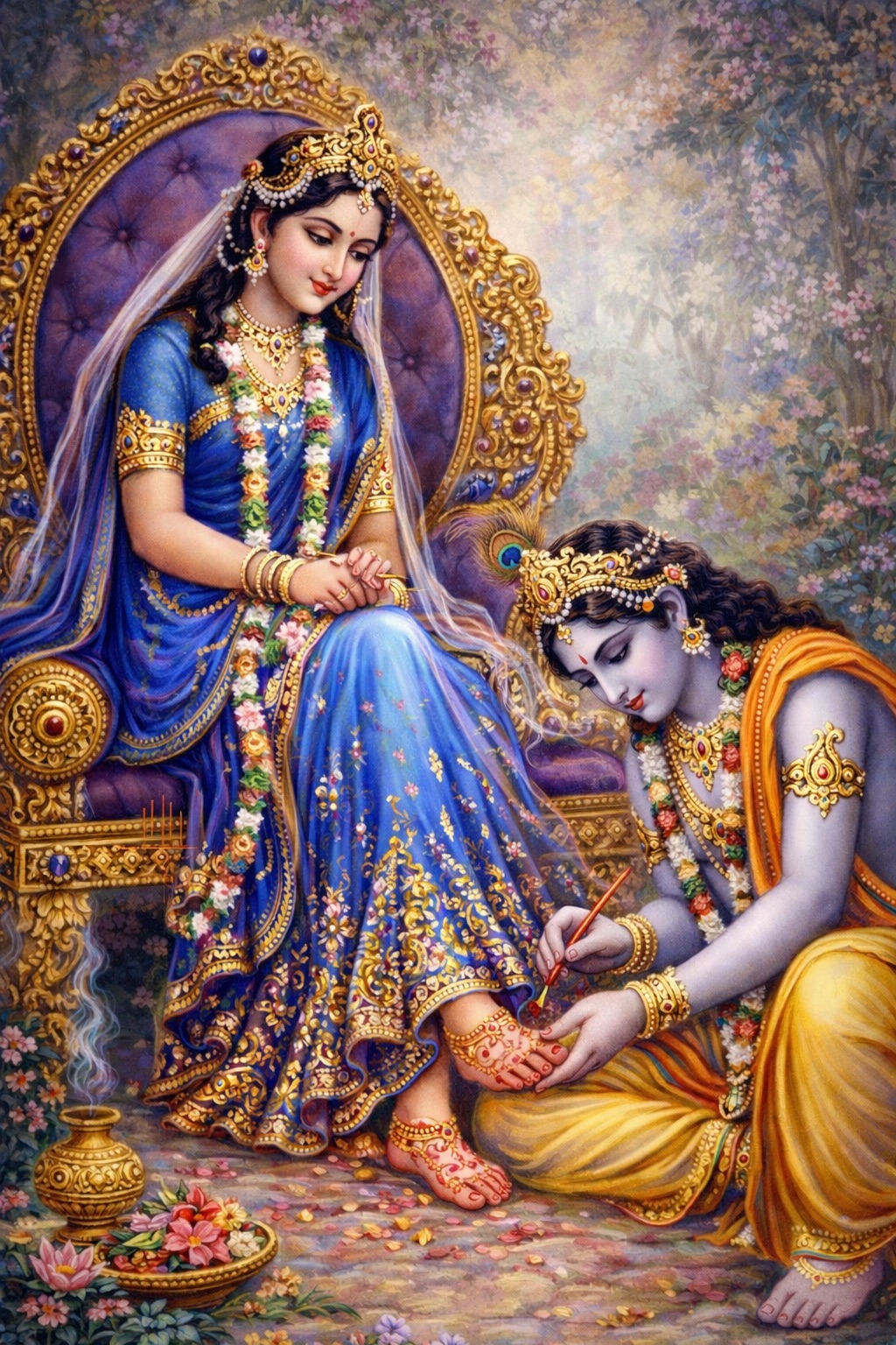 Śrī Rādhārāṇī is gracefully seated upon a royal throne, while Śrī Kṛṣṇa sits humbly at Her feet, lovingly applying red javak (alta dye) to Her lotus feet.