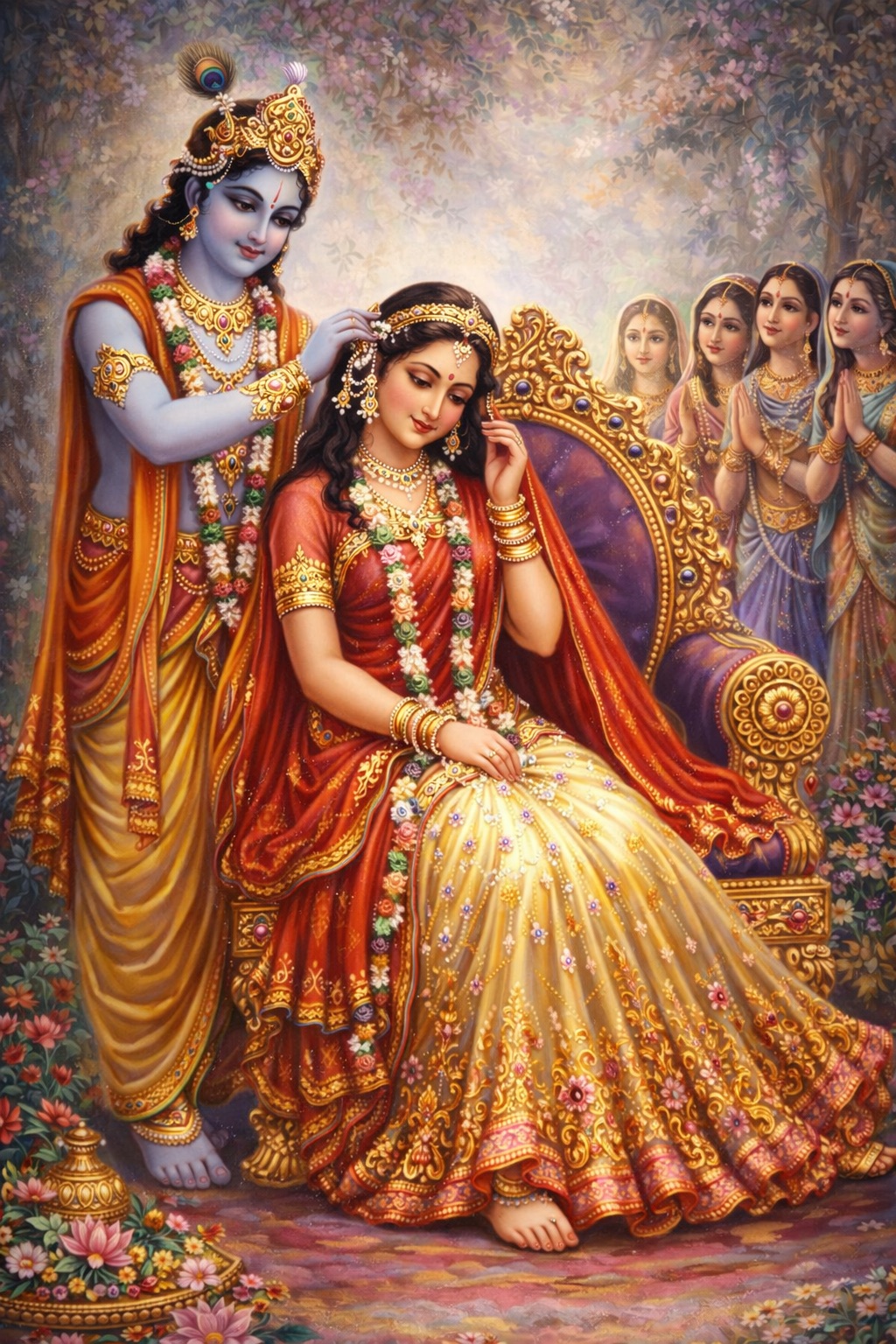 Śrī Kṛṣṇa adorns His beloved Śrī Rādhā standing near Her. He strings garlands of pearls and gently arranges Her earrings and hair.