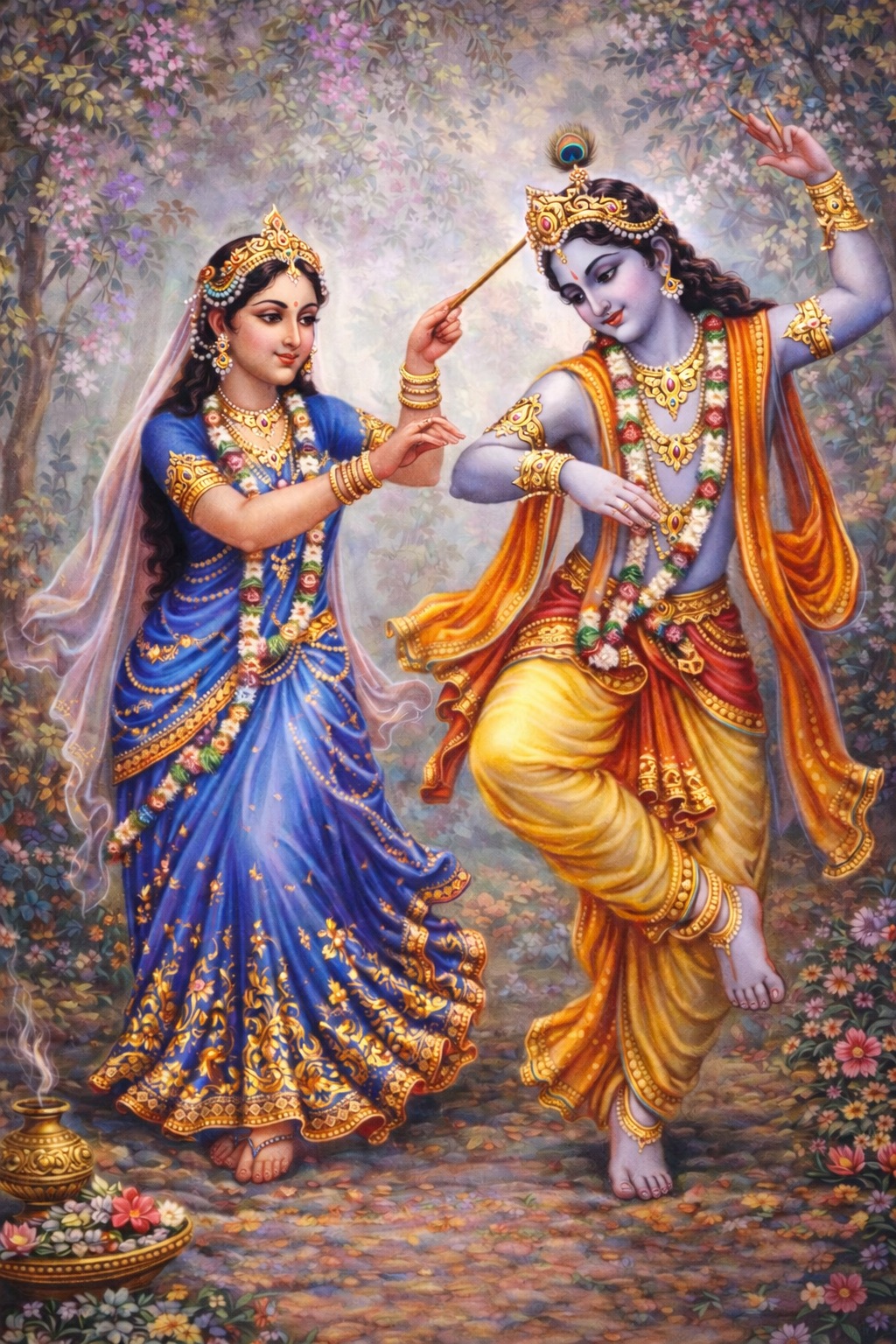 Śrī Rādhā playfully guides Her beloved Śrī Kṛṣṇa how to dance, at times holding a small stick to gently discipline Him.