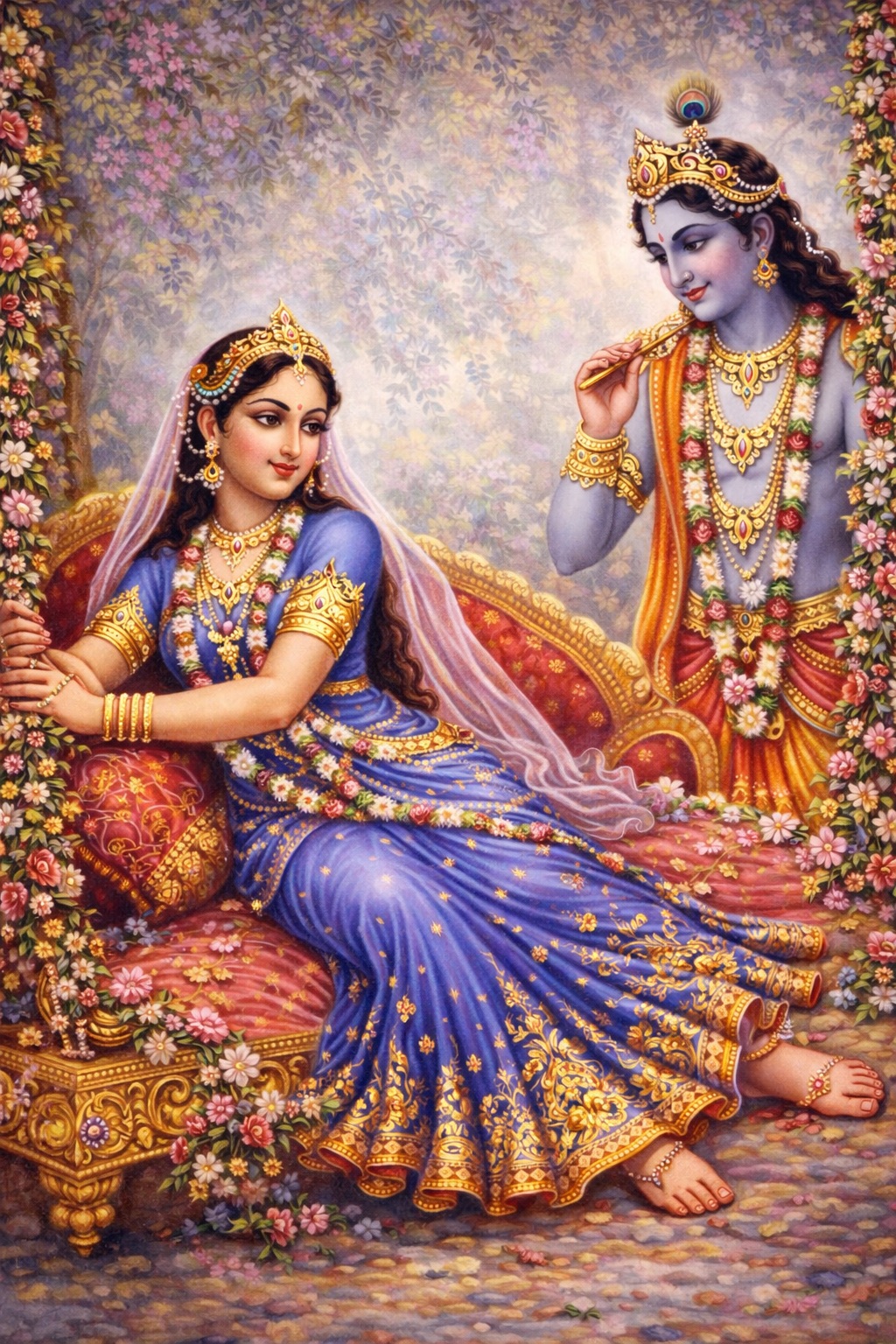 Shri Krishna stands beside Śrī Rādhā Mahārāṇī, gently fanning Her with loving care.