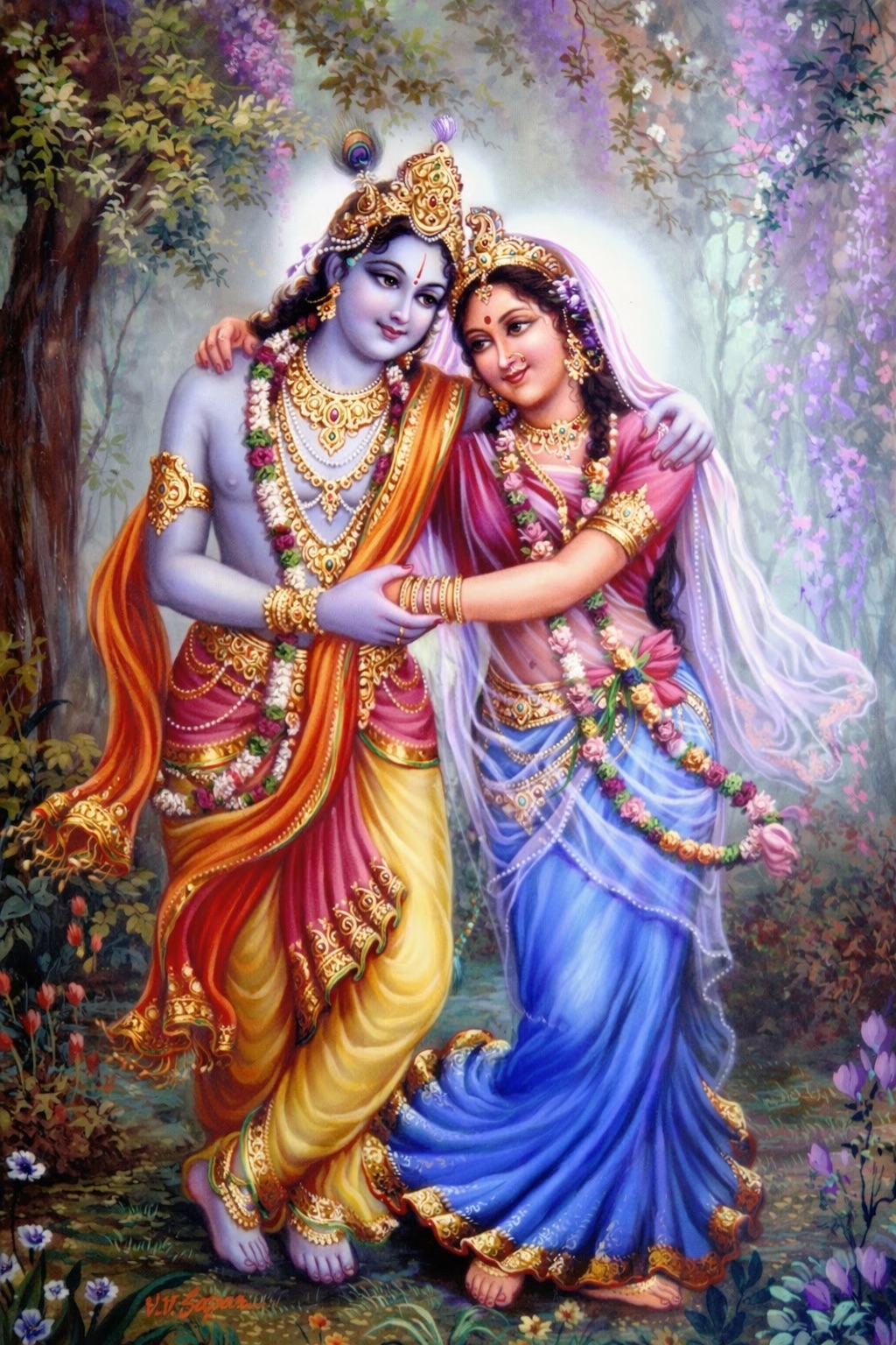 Śrī Rādhā and Śrī Kṛṣṇa walk together through the bowers of Vṛndāvan, with Their arms around each other’s shoulders in a gentle embrace.