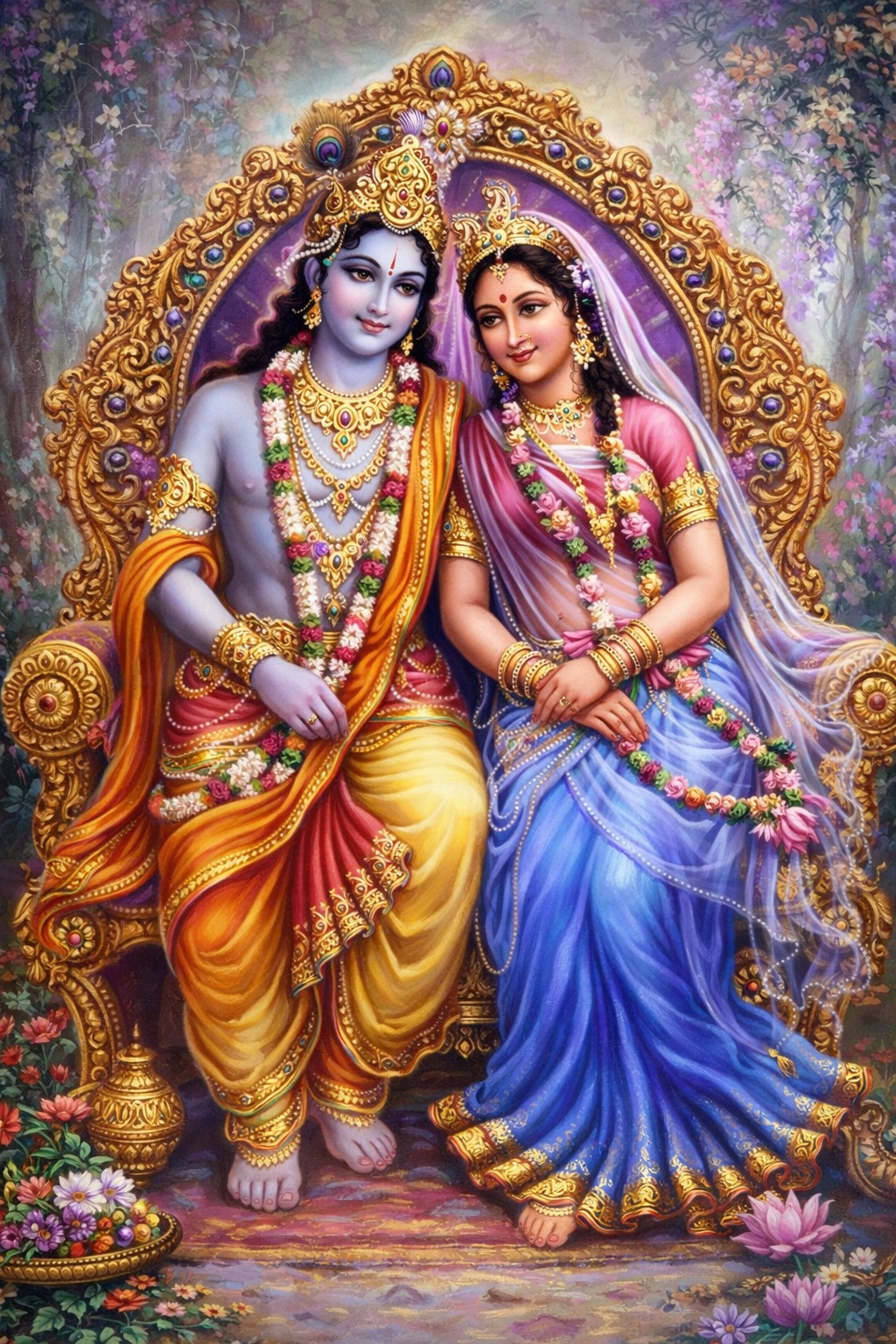 Śrī Rādhā and Śrī Kṛṣṇa are seated together upon a single throne, very close to each other.