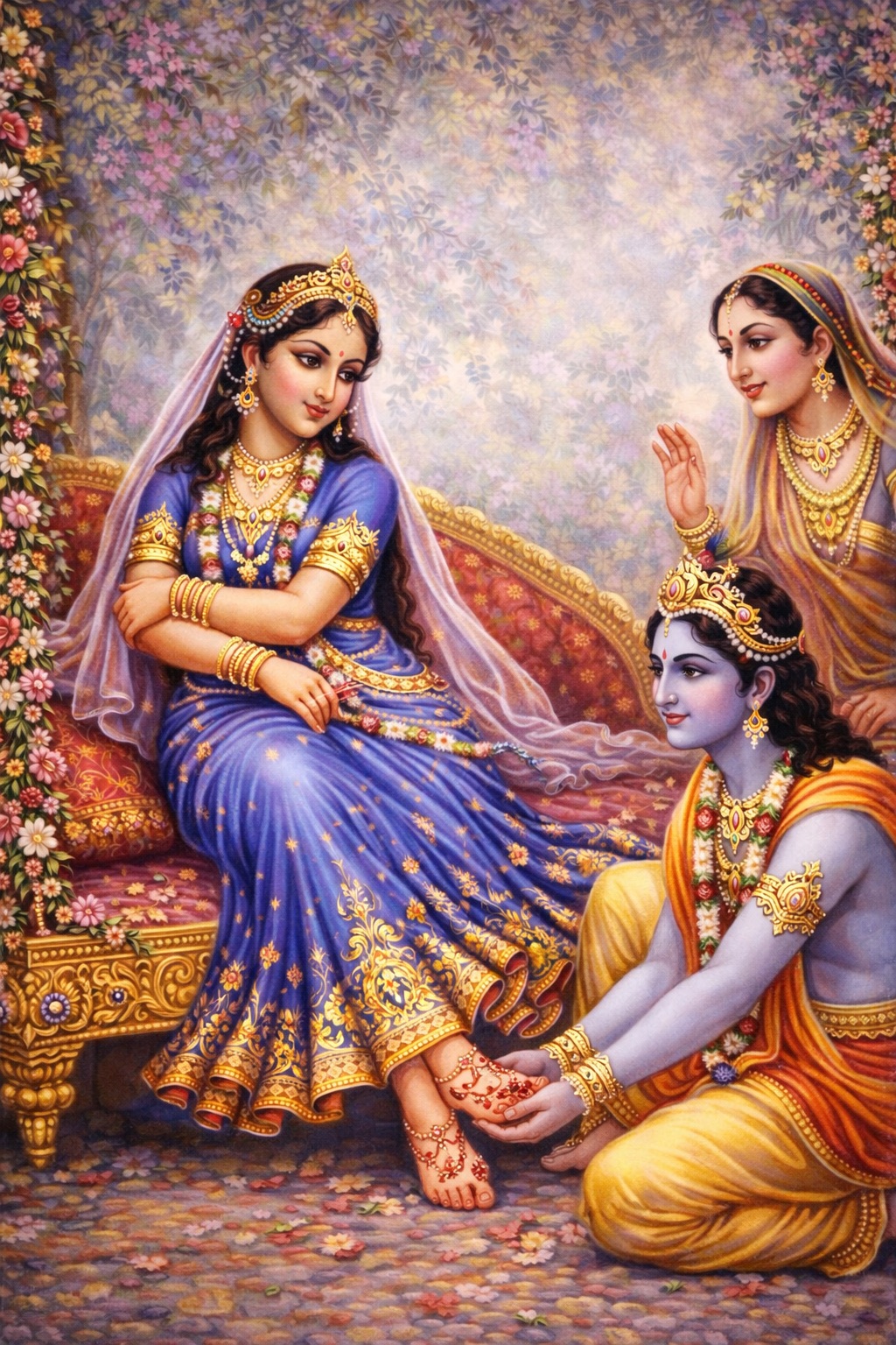 Śrī Rādhā is in a loving sulk, and Śrī Kṛṣṇa humbly falls at Her feet, trying to appease Her.