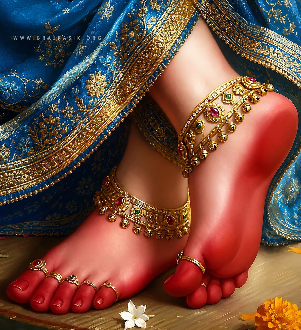 Sri Radha's lotus feet in reddish hue.