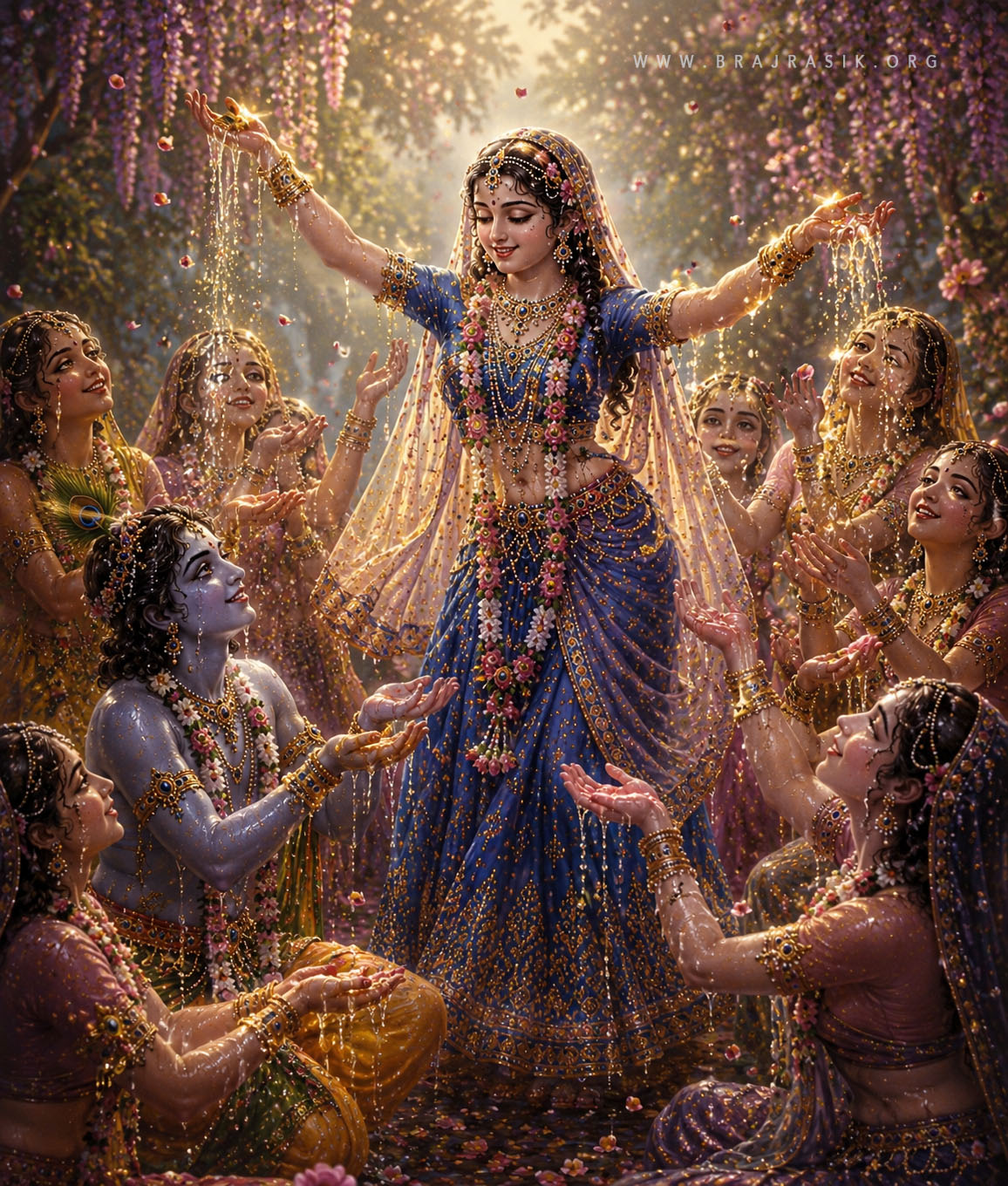 Sri Radharani, the source of divine nectar, showers Her nectar upon the Sakhis and Sri Krishna.