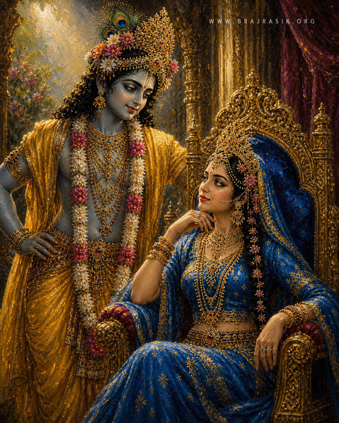 Sri Radha, seated in a throne, casting a sidelong Glance on Sri Krishna standing near to Her.
