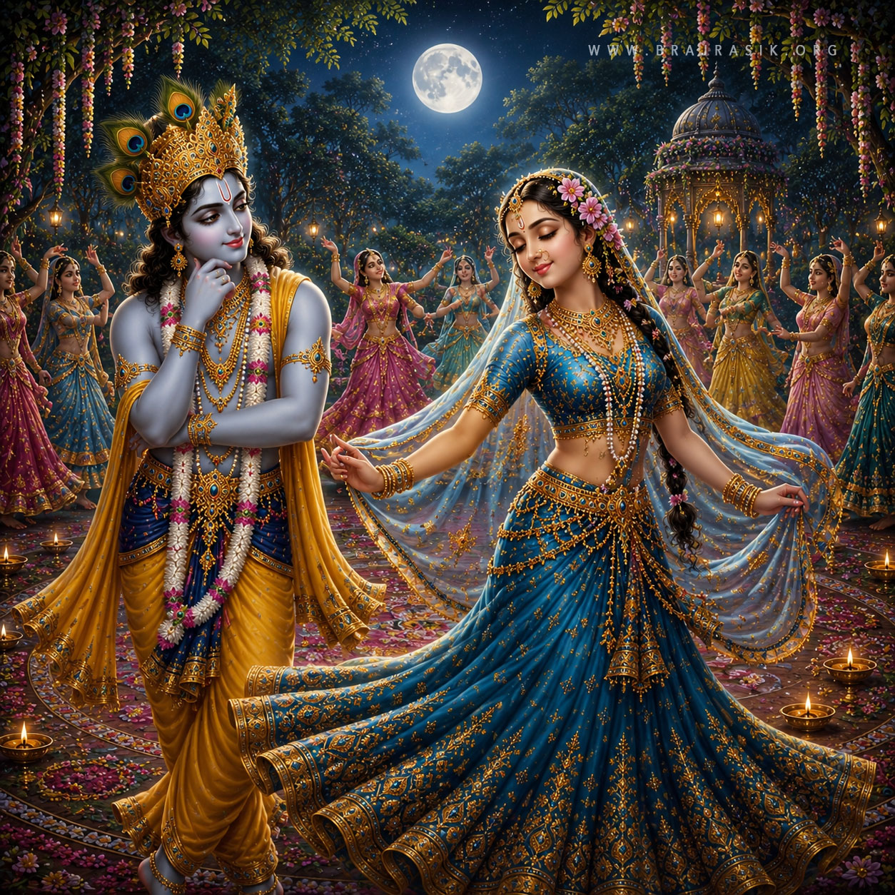 Shri Radha Rani is dancing joyfully in a state of ecstasy, while Shri Krishn sits back completely gazing at her dance. 