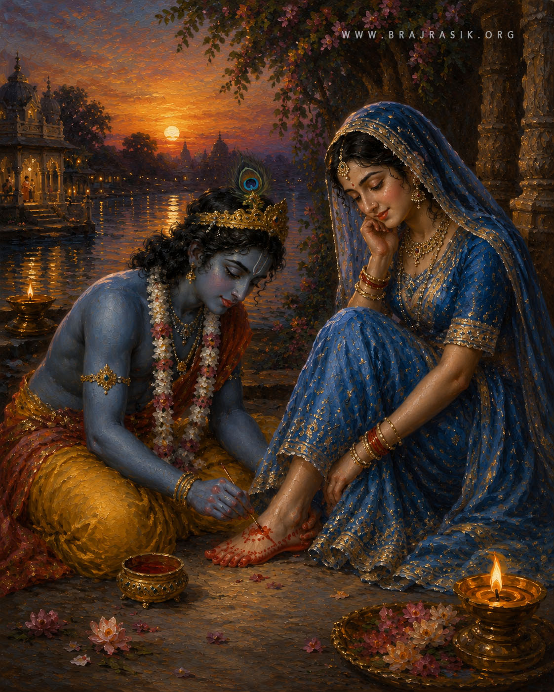 Shri Krishna applying alta or Mahavar on the lotus feet of Sri Radha