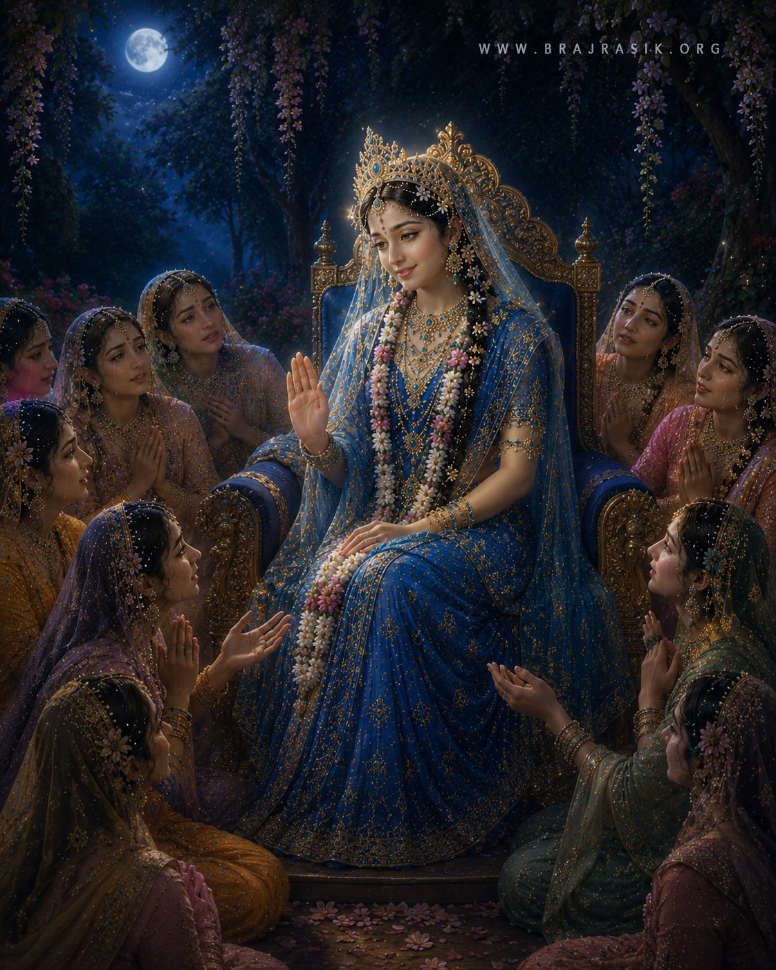 Shri Radha sits upon a throne at the center, bestowing Her blessings upon Her sakhis.