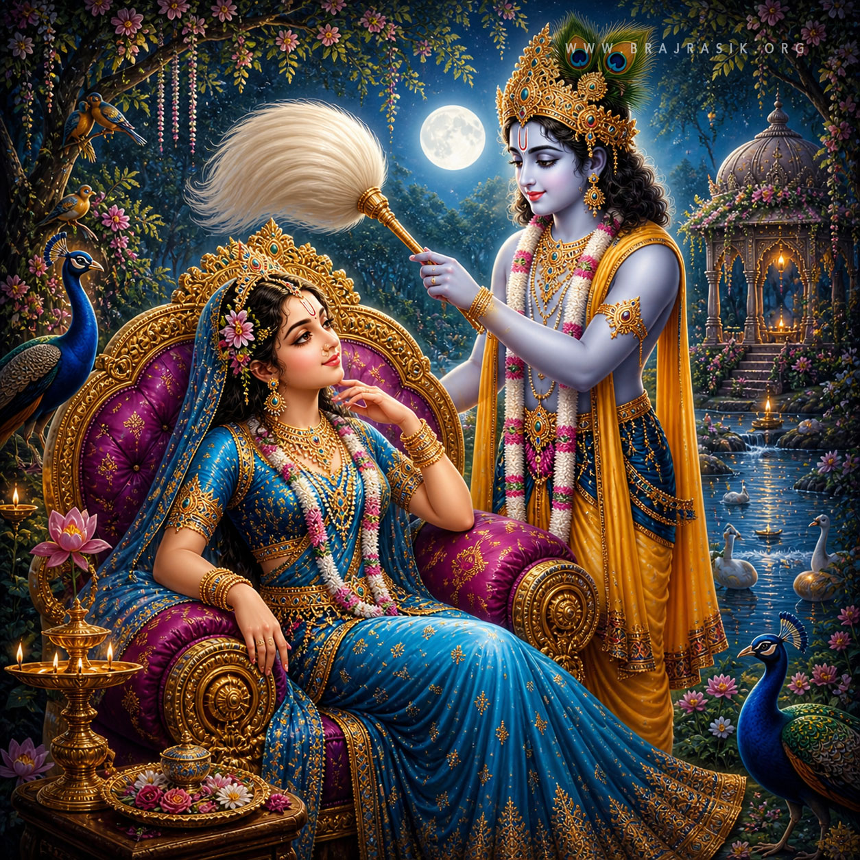 Shri Radha Rani sits gracefully upon a magnificent, ornate golden throne, and Shri Krishn is standing beside the throne and holds a large, fluffy white whisk (chamar) by its golden handle, gently fanning Shri Radha Rani, both looking at each other tenderly.