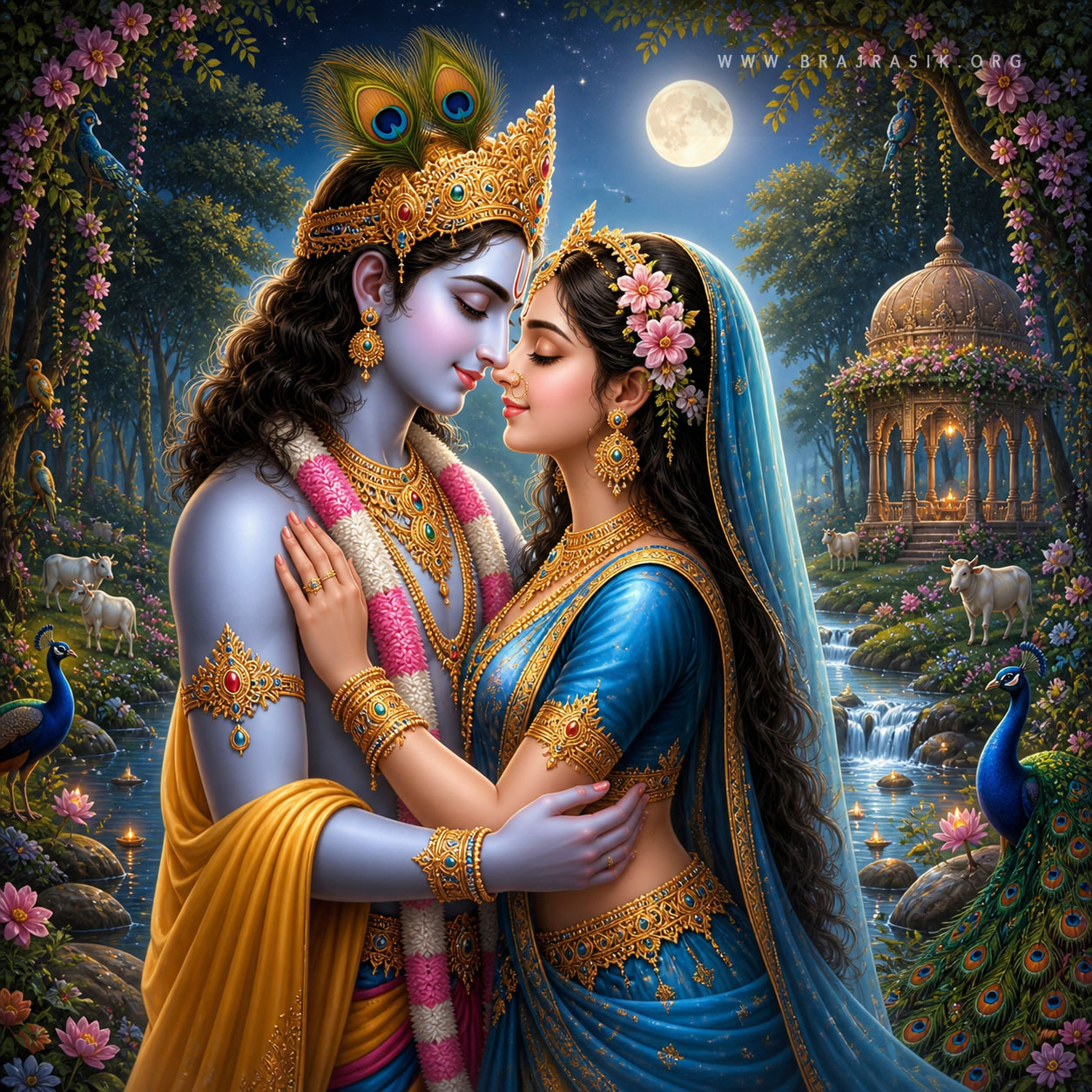 Shri Radha Rani and Shri Krishn stand close together in a tender embrace, with their foreheads gently touching as they hold each other and gaze lovingly into one another's eyes.