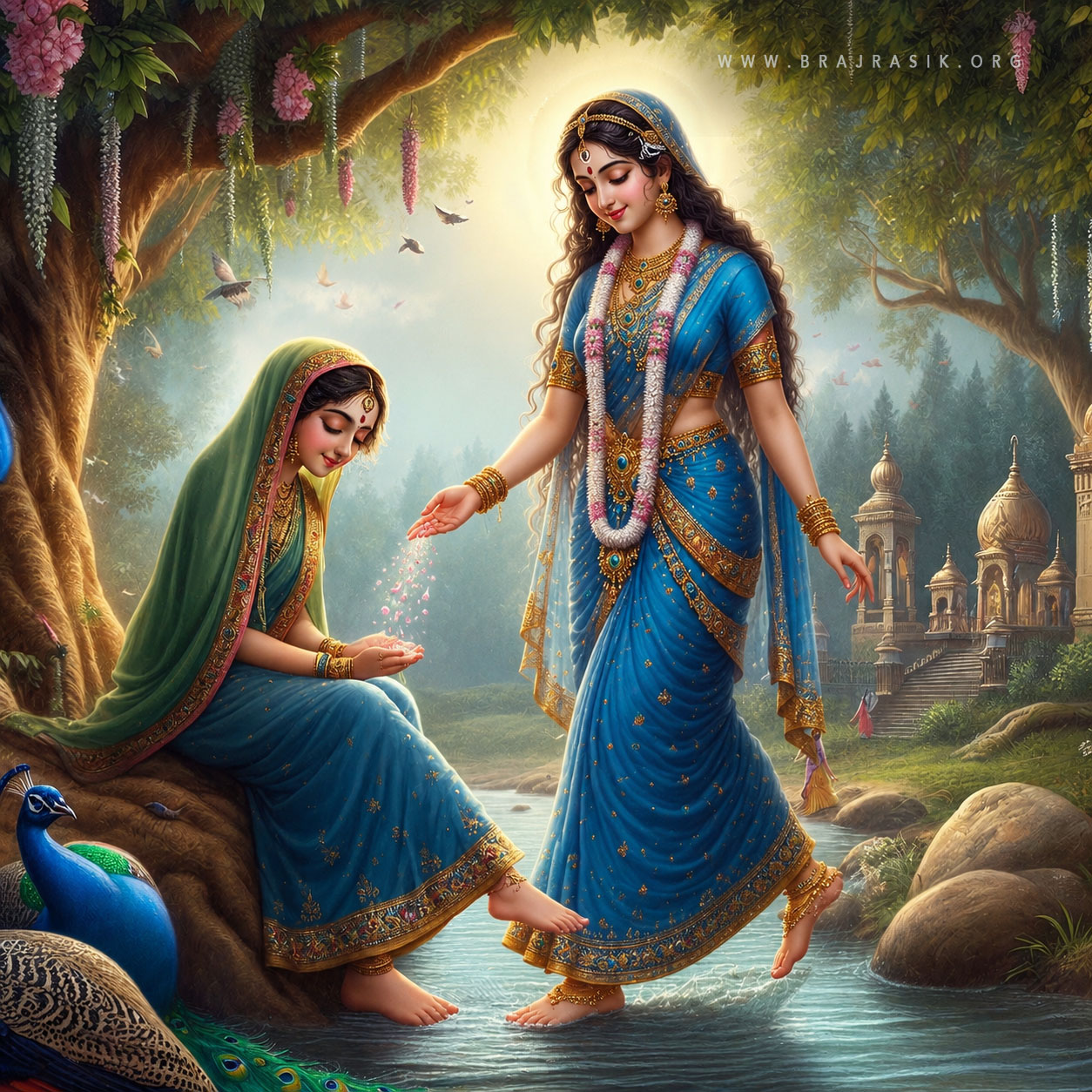 Shri Radha Rani steps gracefully through a shallow flowing stream, while a devotee (sakhi) sits gently by the base of a tree, reaching out to shower her feet with delicate flower petals. 