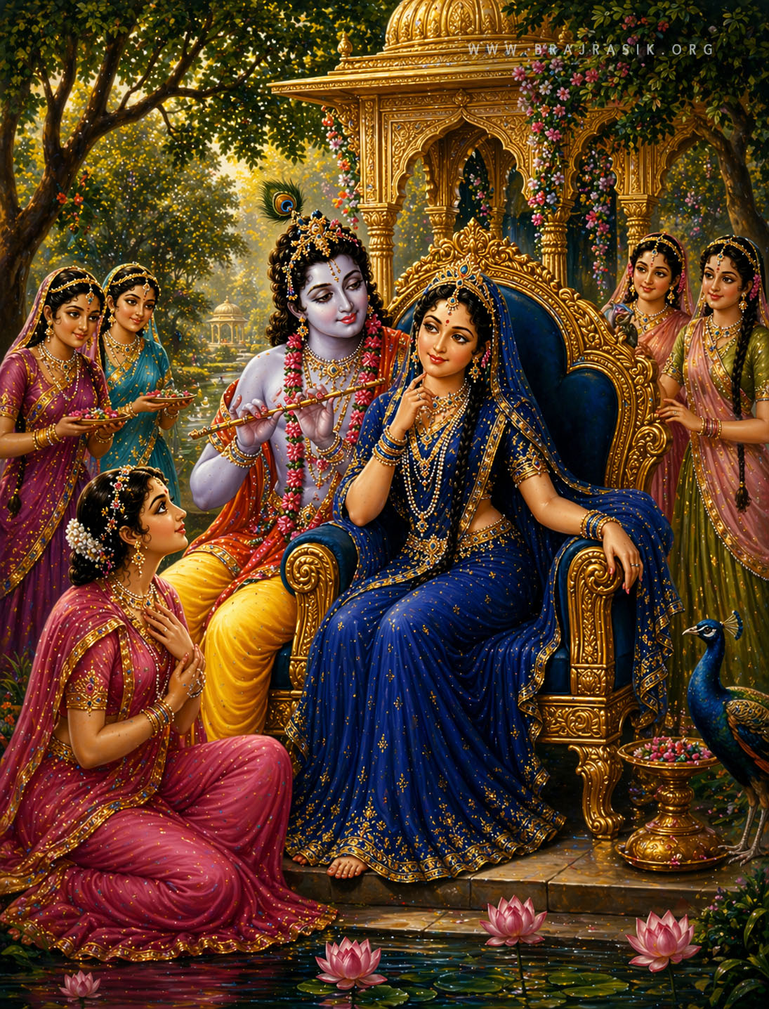 Shri Radha Rani sits gracefully upon a magnificent, ornate golden throne, and Shri Krishn is sitting beside her holding his flute, gazing at her tenderly while her companions stand around them admiring the divine moment.