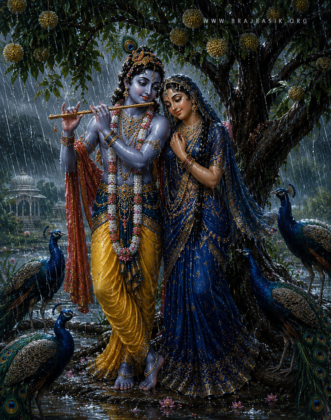 Shri Radha Rani stands close to Shri Krishn under the shelter of a tree during a rainfall, leaning her head gently on his shoulder while he plays his flute, both sharing a quiet and tender moment together.