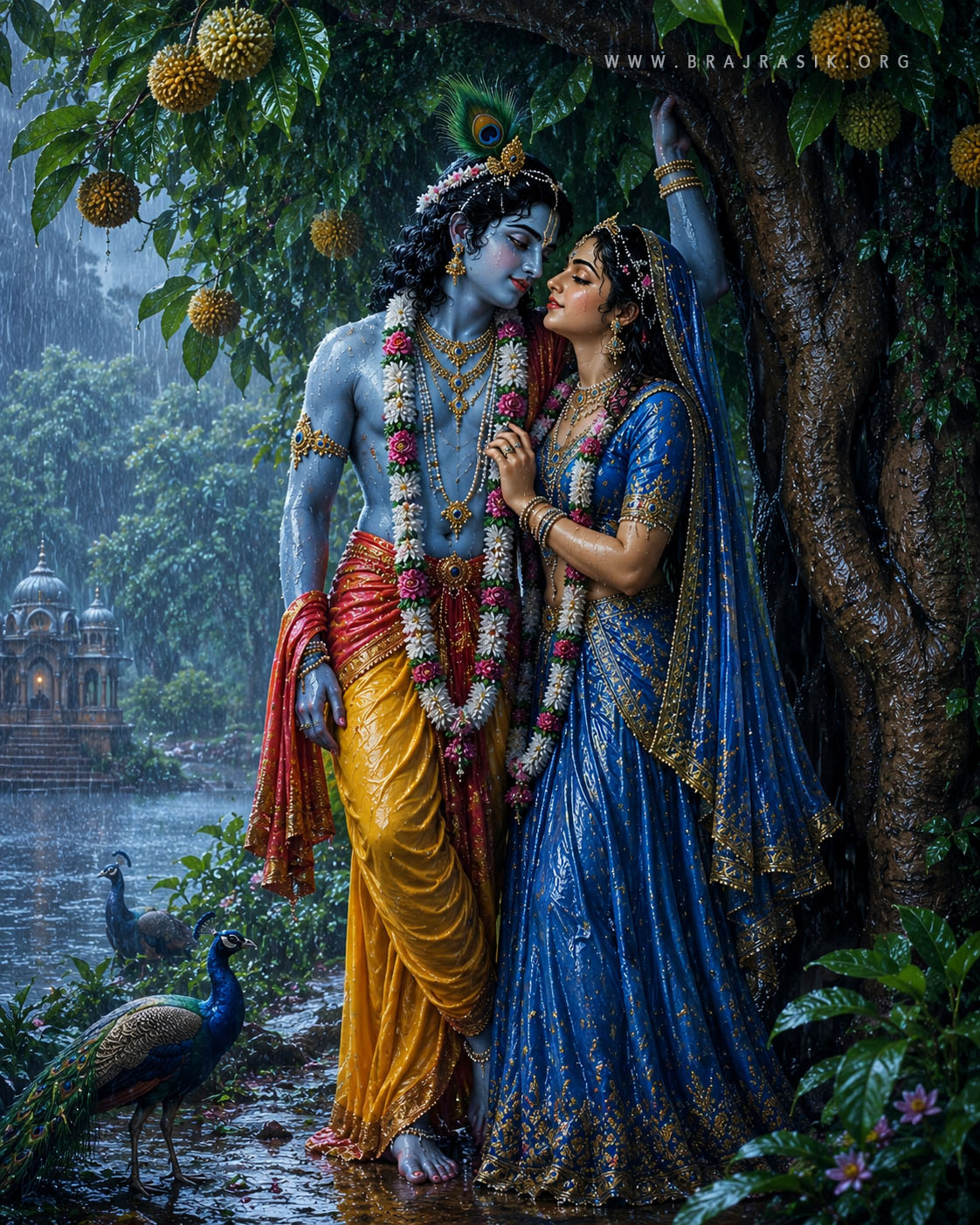 Shri Radha Rani and Shri Krishn stand close together beneath the heavy canopy of a kadamba tree to shield themselves from the pouring rain, lost in each other's eyes while the entire forest around them becomes beautifully drenched in monsoon showers.