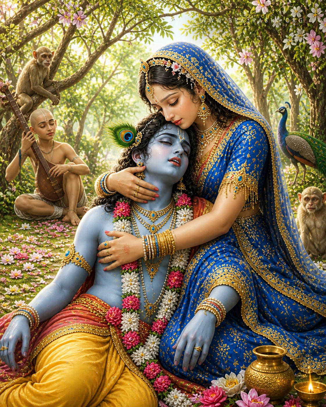 Beneath the blossoming canopy of the Vrindavan forest, Shri Krishn falls to the ground in divine ecstasy upon beholding Shri Radha Rani's beauty, lost in unconscious bliss while She draws Him tenderly to Her heart and the entire forest becomes beautifully drenched in the atmosphere of their deep devotional love.