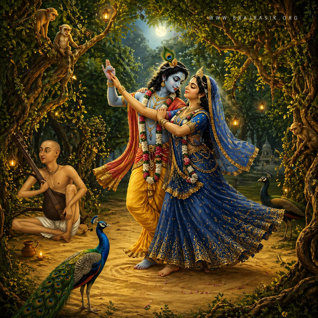 वृंदावन वन की चांदनी से सराबोर छत्रछाया के नीचे, श्री कृष्ण और श्री राधा रानी एक-दूसरे के नयनों में खोए हुए, दिव्य नृत्य में एक साथ अत्यंत सहजता से थिरक रहे हैं, जबकि स्वामी हरिदास एक राग गा रहे हैं और संपूर्ण वन उनके शाश्वत प्रेम के इस मंत्रमुग्ध कर देने वाले वातावरण में पूरी तरह सराबोर हो गया है।