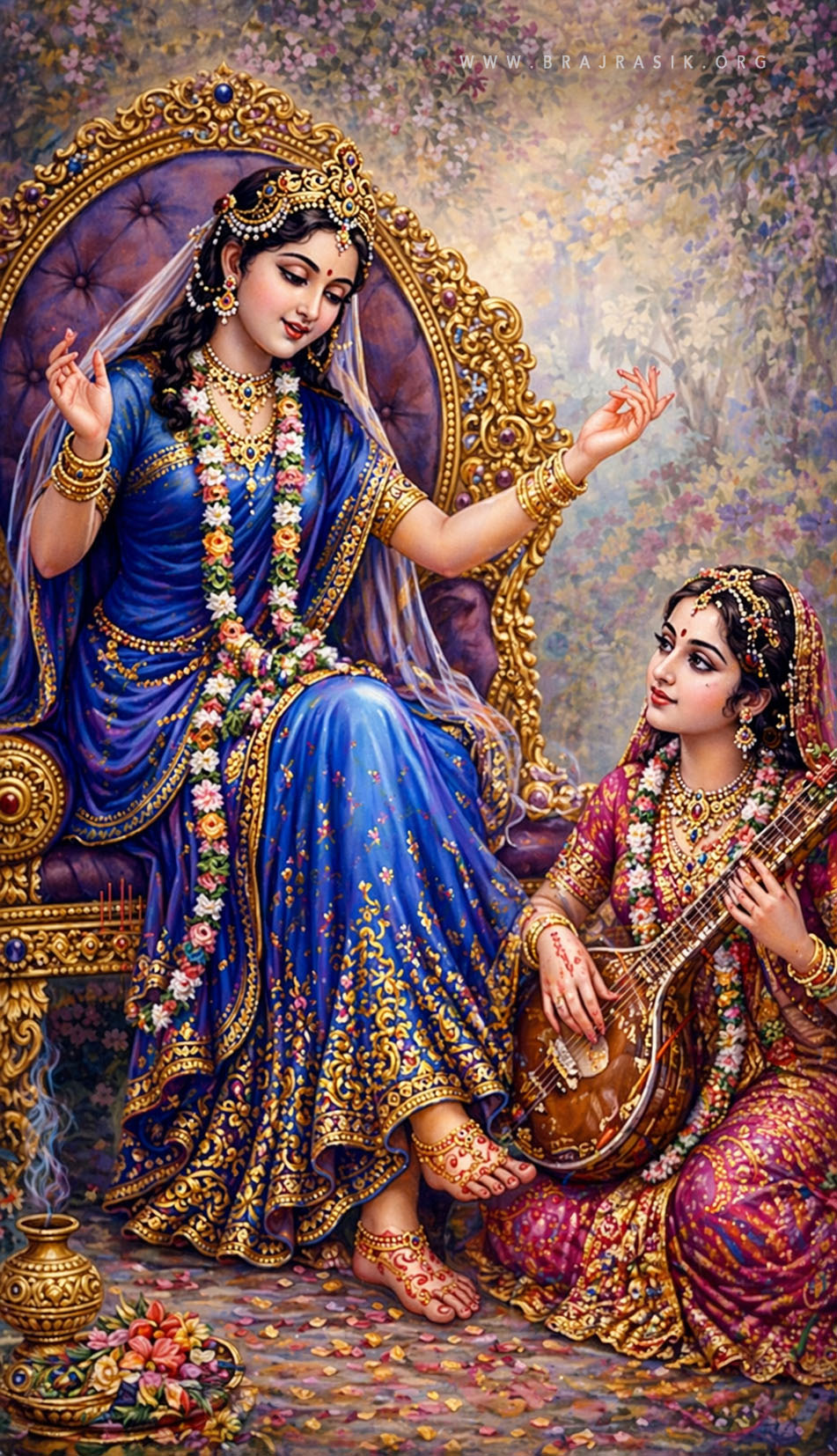 एक सुसज्जित स्वर्ण सिंहासन पर अत्यंत शोभायमान ढंग से विराजमान, श्री राधा रानी अपनी एक प्यारी सखी द्वारा बजाई जा रही वीणा की मधुर तान को तल्लीनता से सुन रही हैं। वे आनंदमयी मुद्रा में खोई हुई हैं, जबकि उनके चारों ओर का संपूर्ण दरबार विशुद्ध भक्तिमय आनंद के वातावरण में सराबोर हो रहा है।