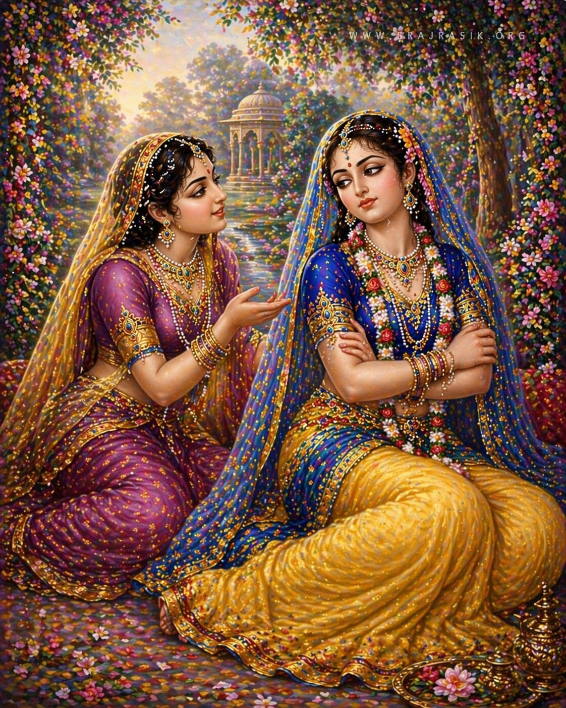 वृंदावन के खिले हुए फूलों के बीच बैठी, श्री राधा रानी प्यार से, रूठे हुए मूड में हाथ जोड़कर मुँह फेर लेती हैं, जबकि उनकी प्यारी सखी धीरे से उन्हें मनाने की कोशिश करती है, उनकी मीठी बातों में खो जाती है, और पूरा बाग उनके गहरे प्यार के माहौल में खूबसूरती से भीग जाता है।