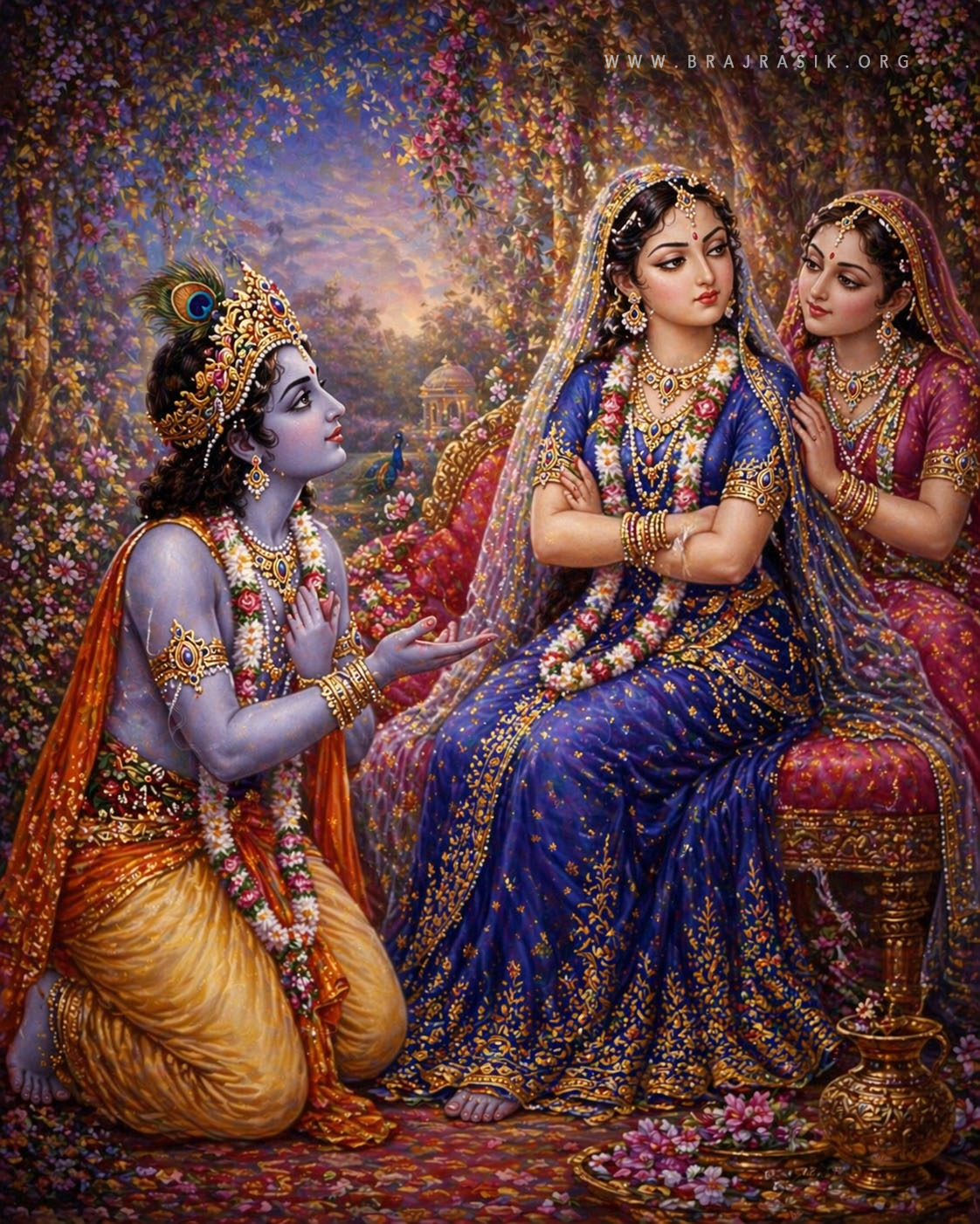 एक सुसज्जित आसन पर रूठकर बैठी हुईं श्री राधा रानी श्री कृष्ण से अपना मुख फेर लेती हैं; वहीं उनकी सखी उनके समर्थन में पास ही खड़ी है और श्री कृष्ण हाथ जोड़कर विनम्रतापूर्वक घुटनों के बल बैठे उन्हें मनाने की मनुहार कर रहे हैं।