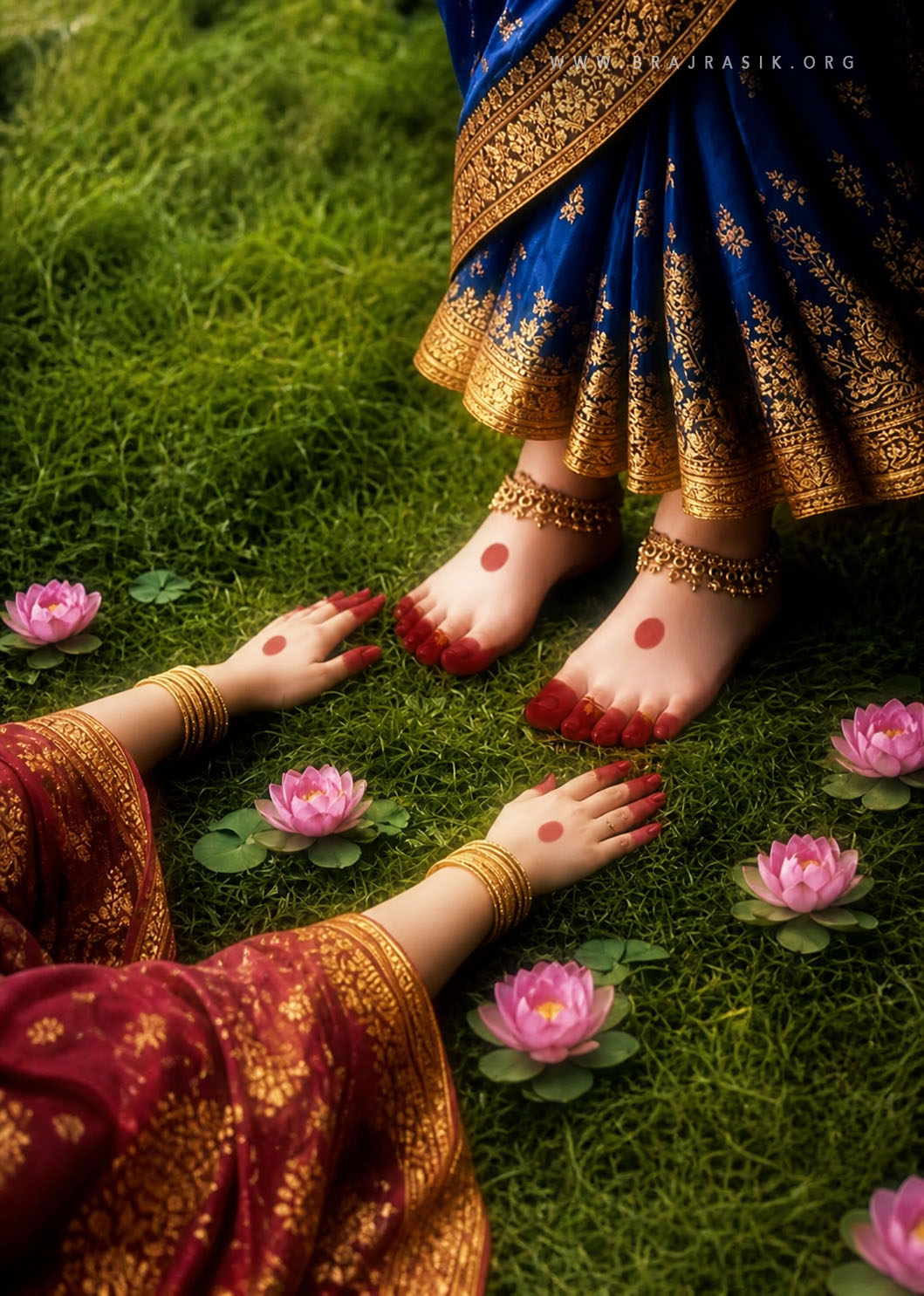 वृंदावन की हरी-भरी घास पर अत्यंत सुशोभित रूप से खड़ीं श्री राधा रानी के चरण-कमलों के समीप उनकी प्यारी सखी परम श्रद्धा और आदर भाव से धीरे-धीरे आती है, जबकि उनके चारों ओर गुलाबी कमल खिले हुए हैं।