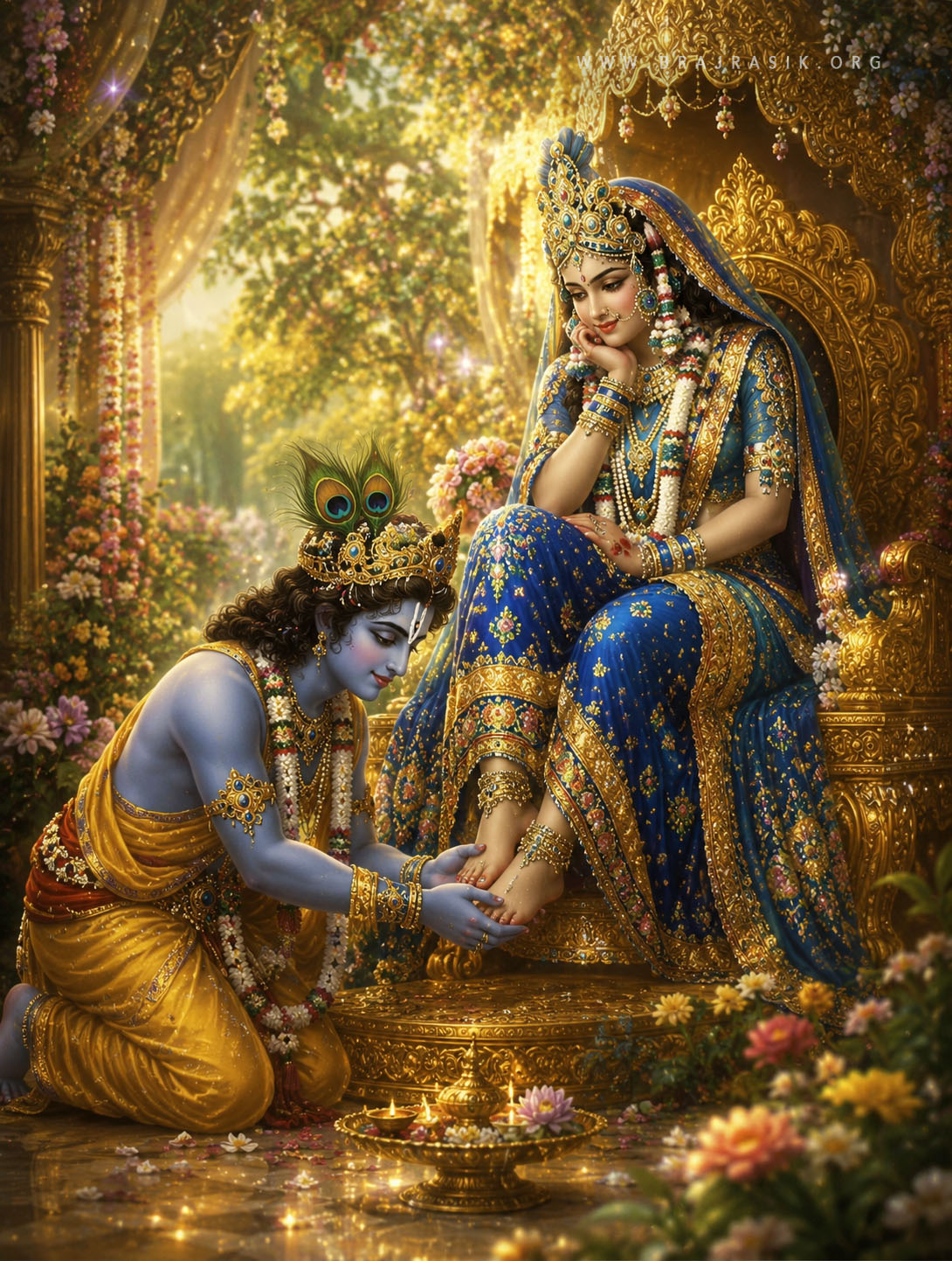 एक हरे-भरे और धूप से सराबोर कुंज के भीतर, श्री राधा रानी एक स्वर्णिम सिंहासन पर राजसी ठाट से विराजमान हैं, जबकि श्री कृष्ण अत्यंत भक्ति भाव से उनके चरणों को थामने के लिए प्रेमपूर्वक घुटनों के बल झुके हुए हैं।