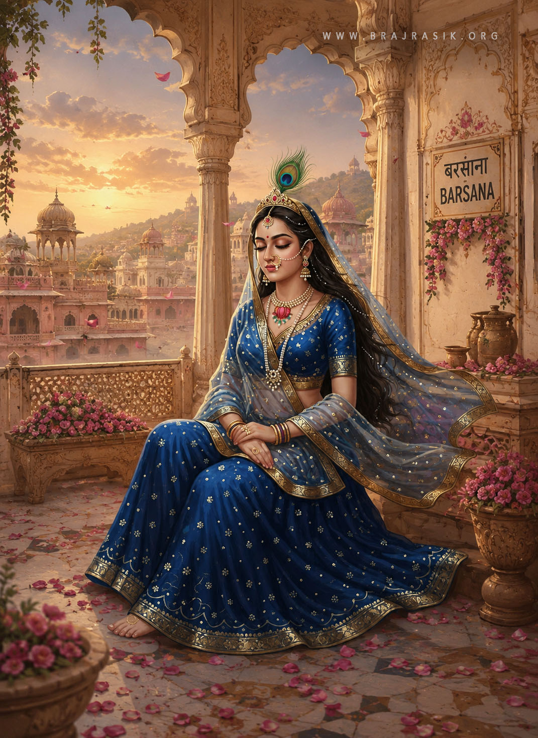 बरसाना के एक महल के झरोखे पर, श्री राधा रानी एक मनमोहक नीले वस्त्र में अत्यंत सौम्यता से विराजमान हैं। सुंदर सूर्यास्त की पृष्ठभूमि में, अपनी आँखें कोमलता से बंद किए वे गहरे ध्यान में लीन हैं।