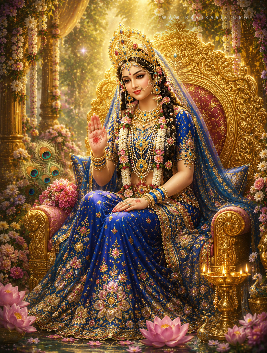 श्री राधा रानी एक हरे-भरे, धूप से सराबोर निकुंज के भीतर एक सुंदर नीली पोशाक में भव्य स्वर्ण सिंहासन पर महारानी की भांति विराजमान हैं और सौम्य आशीर्वाद देने के लिए अपना हाथ उठाए हुए हैं।