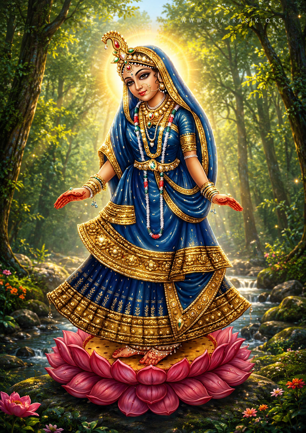 श्री राधा रानी वन की एक बहती हुई सरिता के समीप, एक बड़े गुलाबी कमल के पुष्प पर सुंदर नीले वस्त्र पहने अत्यंत सौम्यता से खड़ी हैं।