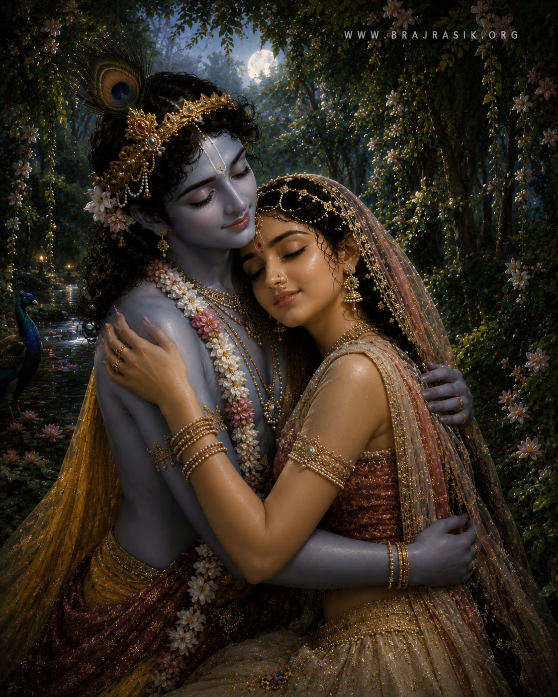 श्री कृष्ण और श्री राधा रानी एक-दूसरे को बड़े ही कोमल और अंतरंग आलिंगन में थामे हुए हैं, और यमुना नदी के तट पर मंद चांदनी से घिरे आकाश के नीचे एक-दूसरे की दिव्य उपस्थिति में पूरी तरह खोए हुए हैं।