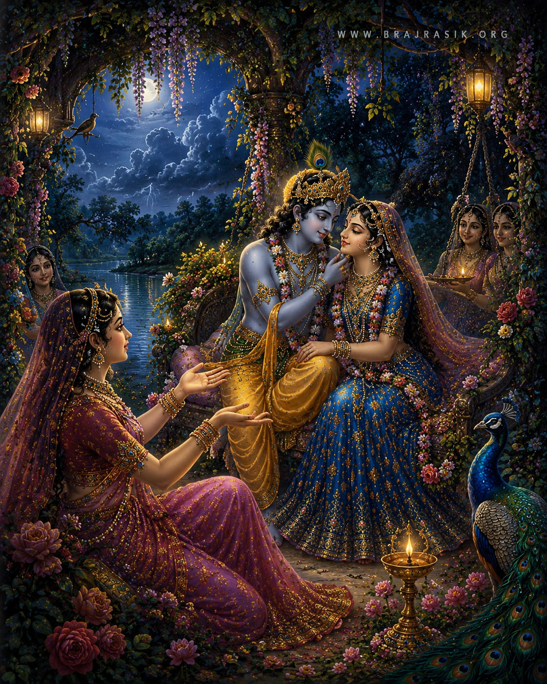 श्री कृष्ण और श्री राधा रानी एक सुंदर झूले पर एक साथ बैठे हैं और यमुना नदी के तट पर पूर्णचंद्र (पूर्णिमा) के नीचे एक-दूसरे को अत्यंत स्नेह से देख रहे हैं।