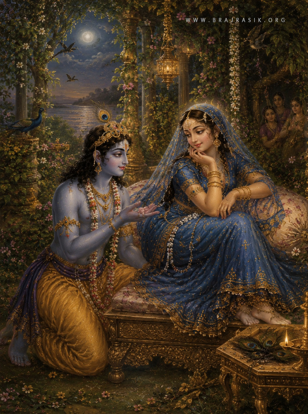 चाँदनी रात के आकाश तले, सुंदर नीले वस्त्रों में सजीं श्री राधा रानी एक सुसज्जित आसन पर गरिमामयी ढंग से विराजमान हैं और स्नेहपूर्वक नीचे की ओर निहार रही हैं, जबकि श्री कृष्ण उनके समीप अत्यंत प्रेमपूर्वक घुटनों के बल बैठे अपना हाथ आगे बढ़ाए हुए हैं।