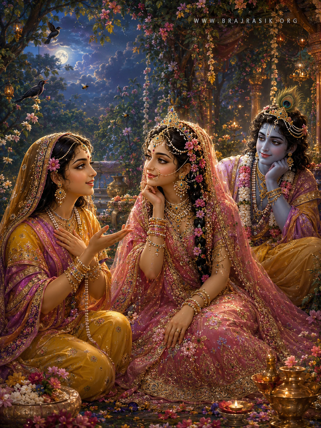 गुलाबी परिधान में श्री राधा रानी अत्यंत सौम्यता से विराजमान होकर अपनी सखी की बात सुन रही हैं, वहीं पूर्णिमा के पूर्ण चंद्र तले, एक कुसुमित कुंज में श्री कृष्ण उन्हें अत्यंत प्रेमपूर्वक निहार रहे हैं।