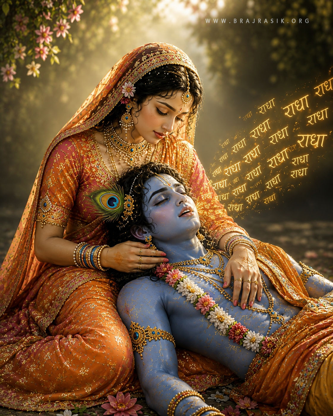सूर्य की किरणों से सराबोर एक कुंज में, श्री कृष्ण श्री राधा रानी की गोद में सिर रखकर परम आनंद में विश्राम कर रहे हैं, और उनकी श्वासों से दैदीप्यमान स्वर्णिम अक्षरों में "राधा" नाम निःसृत हो रहा है।