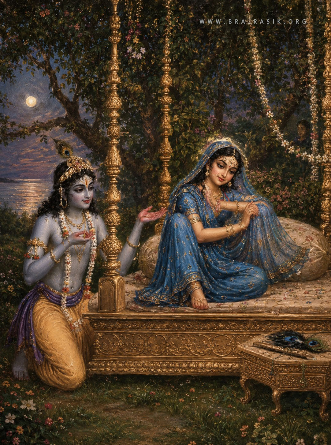 चाँदनी रात के आकाश के नीचे, सुंदर नीली पोशाक में सुसज्जित श्री राधा रानी एक भव्य स्वर्ण सोफे पर अत्यंत गरिमा के साथ विराजमान हैं। वे अत्यंत स्नेहपूर्वक नीचे की ओर निहार रही हैं, जहाँ श्री कृष्ण उनके समीप प्रेमपूर्वक घुटनों के बल बैठे हुए उनकी ओर अपना हाथ बढ़ा रहे हैं।