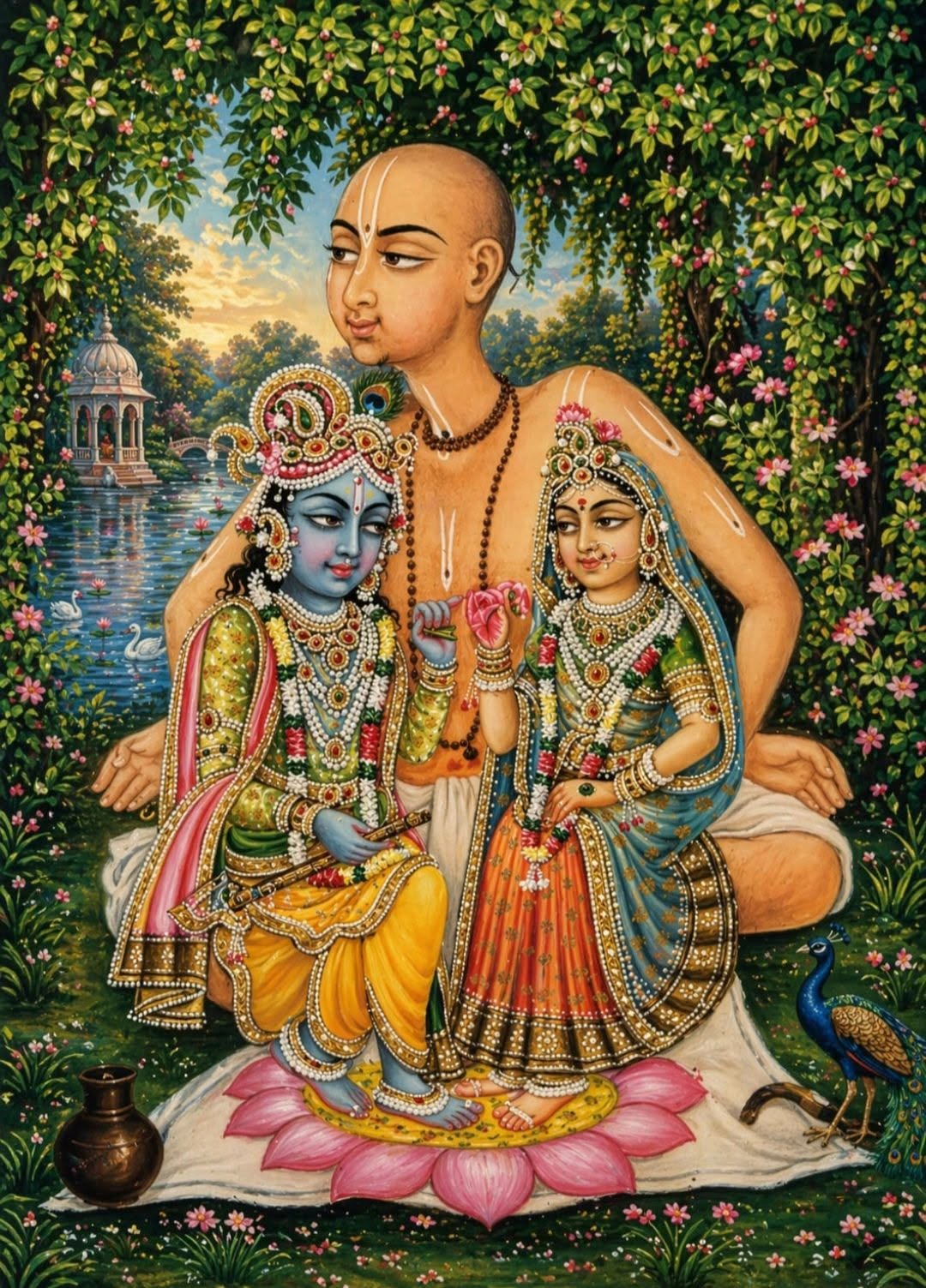Sri Radha Krishna in the lap of Swami Haridas Ji.