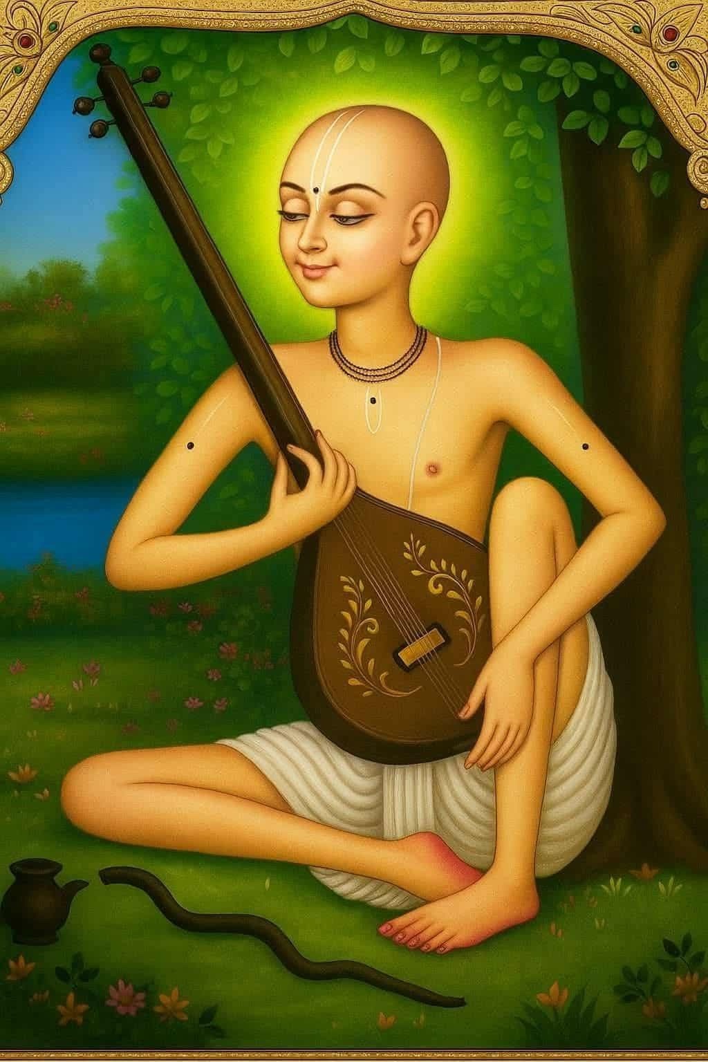 A depiction of Swami Haridas Ji playing the tanpura.