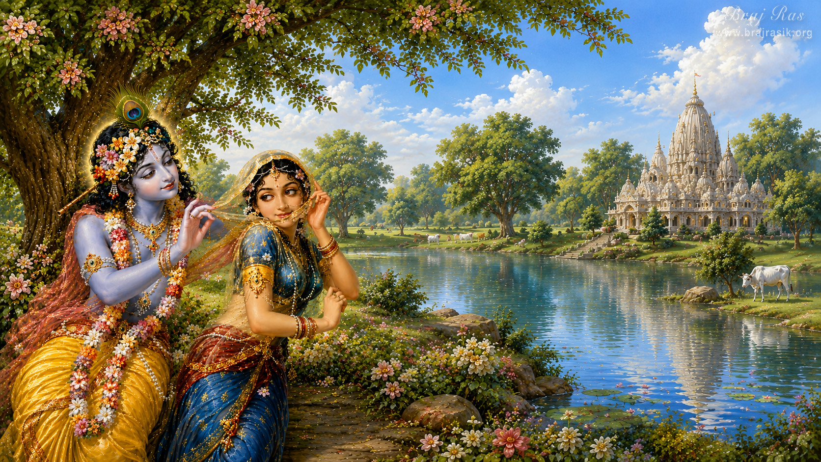 एक शांत झील के किनारे खिले हुए वृक्ष के नीचे खड़े, श्री कृष्ण अत्यंत कोमलता से श्री राधा रानी का पारदर्शी घूंघट उठाते हैं, और राधा रानी एक भव्य सफेद मंदिर की पृष्ठभूमि के सामने लजाती हुई मुस्कान के साथ उन्हें निहारती हैं।